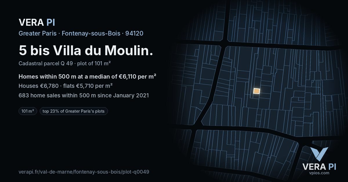5 bis Villa du Moulin, Fontenay-sous-Bois at night – the plot lit, the parcels around coloured by the prices near them