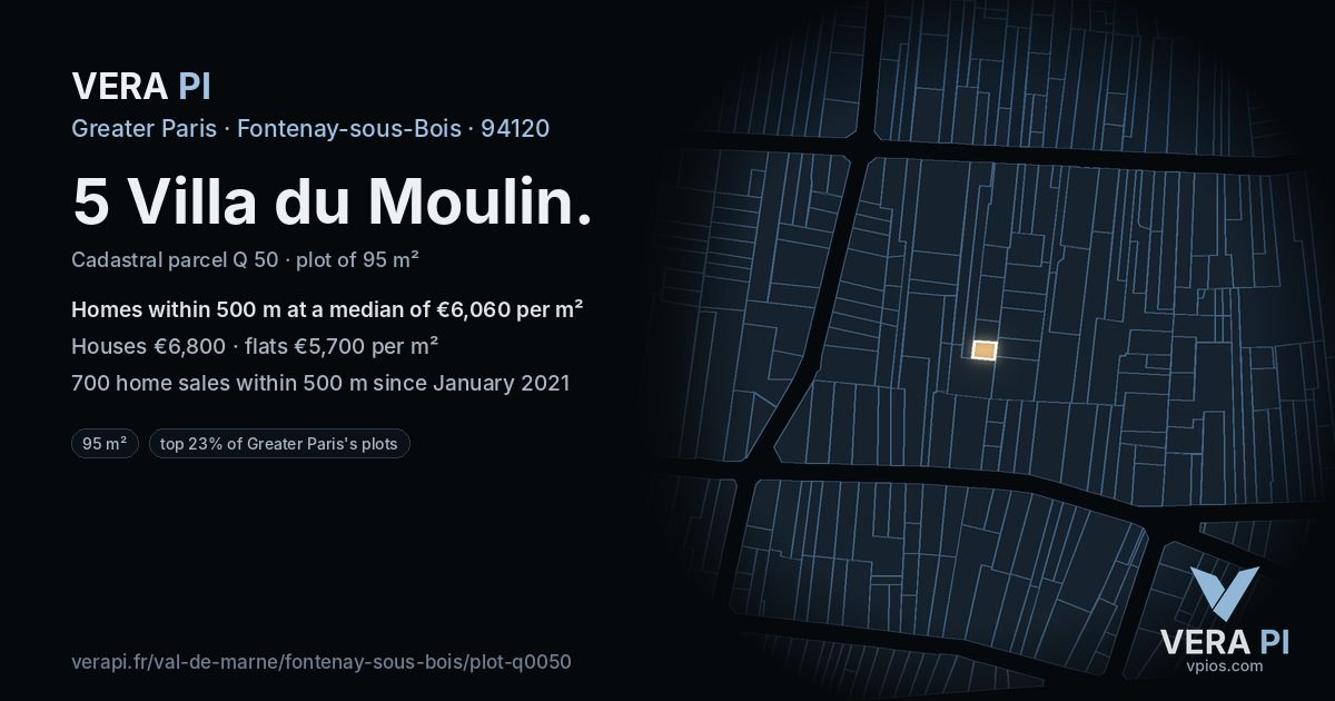 5 Villa du Moulin, Fontenay-sous-Bois at night – the plot lit, the parcels around coloured by the prices near them