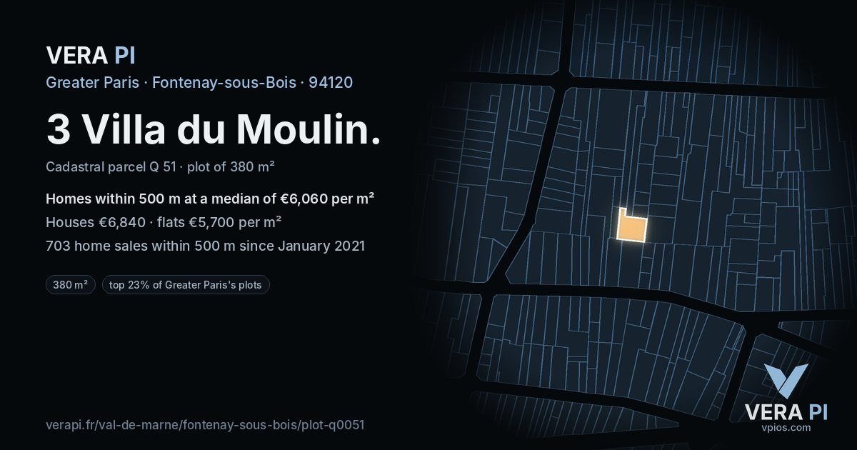3 Villa du Moulin, Fontenay-sous-Bois at night – the plot lit, the parcels around coloured by the prices near them