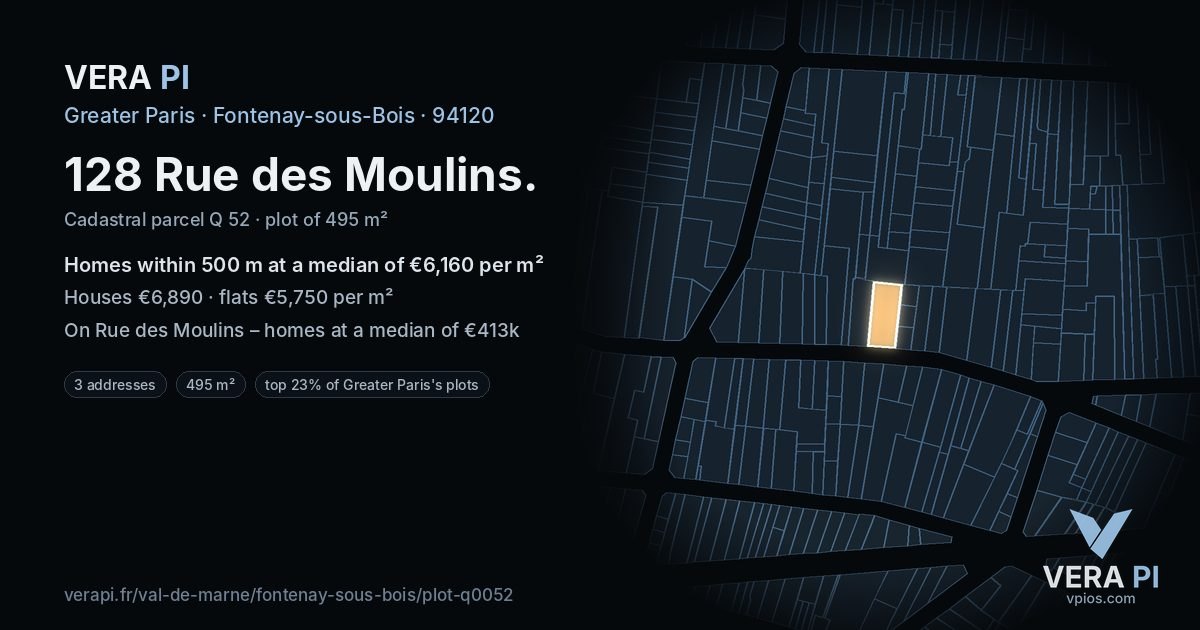 128 Rue des Moulins, Fontenay-sous-Bois at night – the plot lit, the parcels around coloured by the prices near them