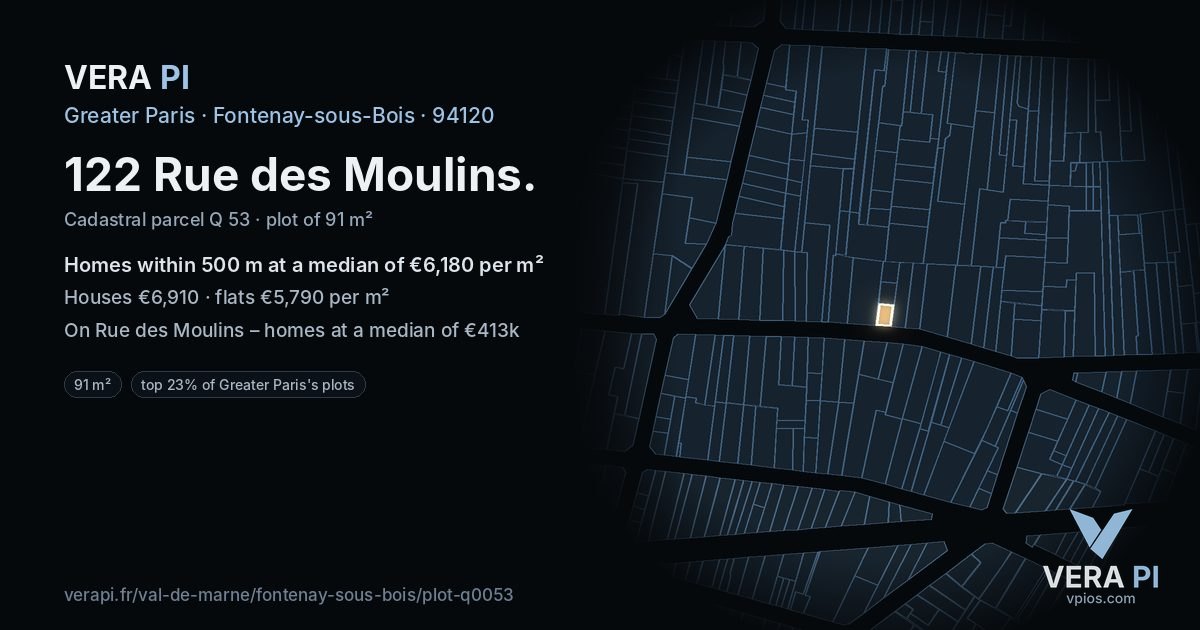 122 Rue des Moulins, Fontenay-sous-Bois at night – the plot lit, the parcels around coloured by the prices near them