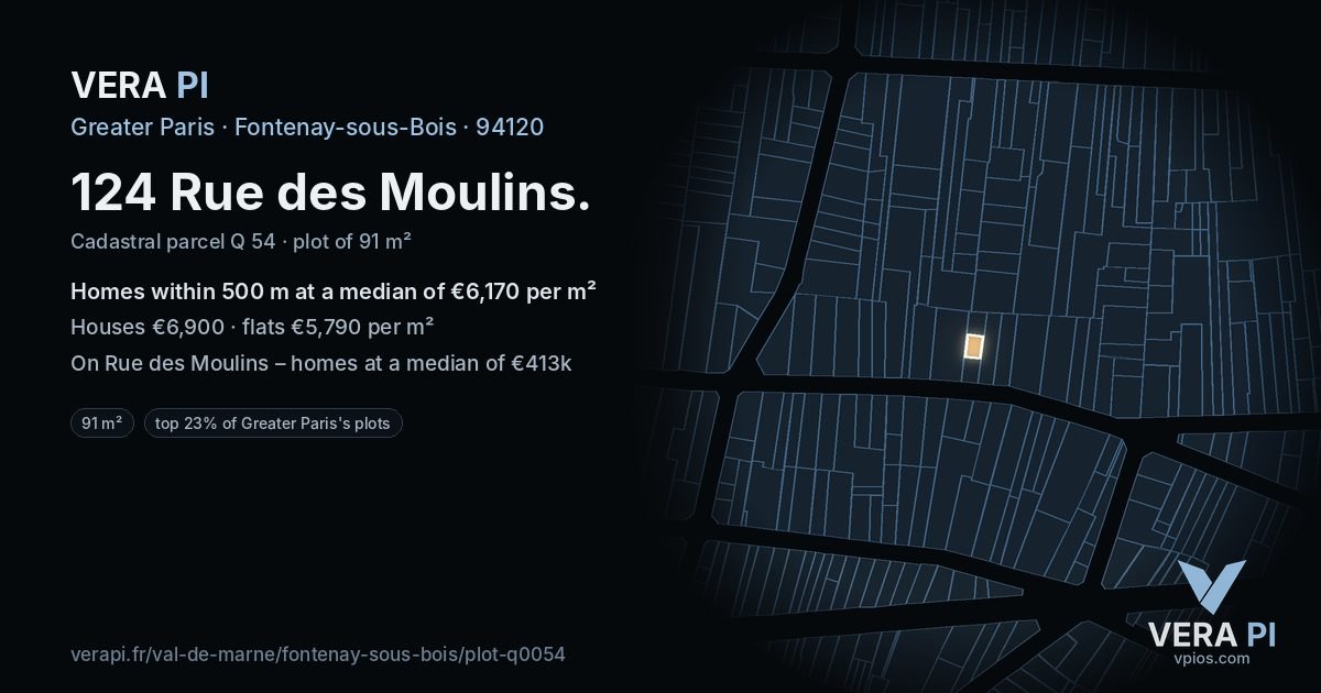 124 Rue des Moulins, Fontenay-sous-Bois at night – the plot lit, the parcels around coloured by the prices near them