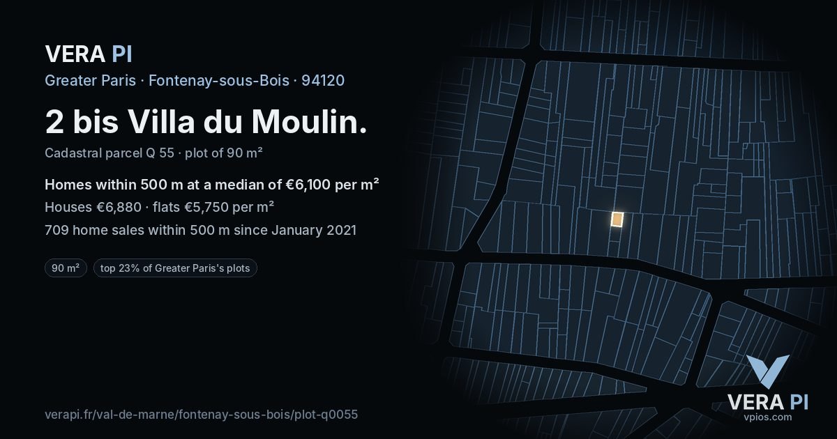 2 bis Villa du Moulin, Fontenay-sous-Bois at night – the plot lit, the parcels around coloured by the prices near them