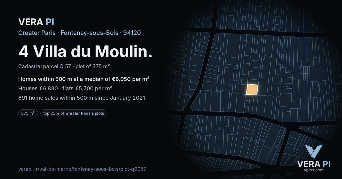 4 Villa du Moulin, Fontenay-sous-Bois at night – the plot lit, the parcels around coloured by the prices near them