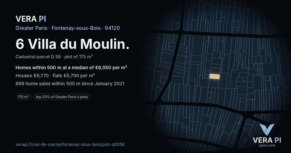 6 Villa du Moulin, Fontenay-sous-Bois at night – the plot lit, the parcels around coloured by the prices near them