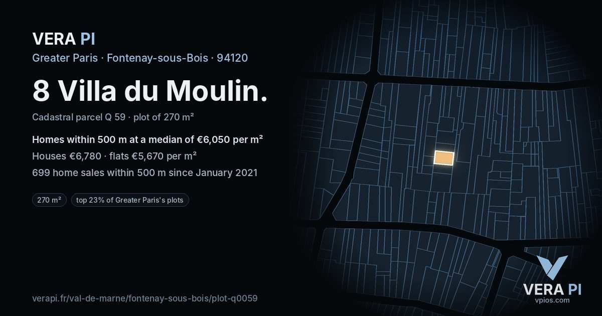 8 Villa du Moulin, Fontenay-sous-Bois at night – the plot lit, the parcels around coloured by the prices near them