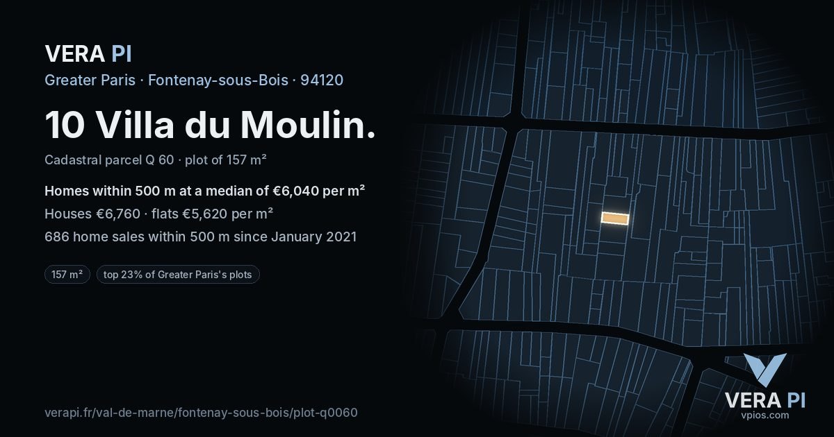 10 Villa du Moulin, Fontenay-sous-Bois at night – the plot lit, the parcels around coloured by the prices near them