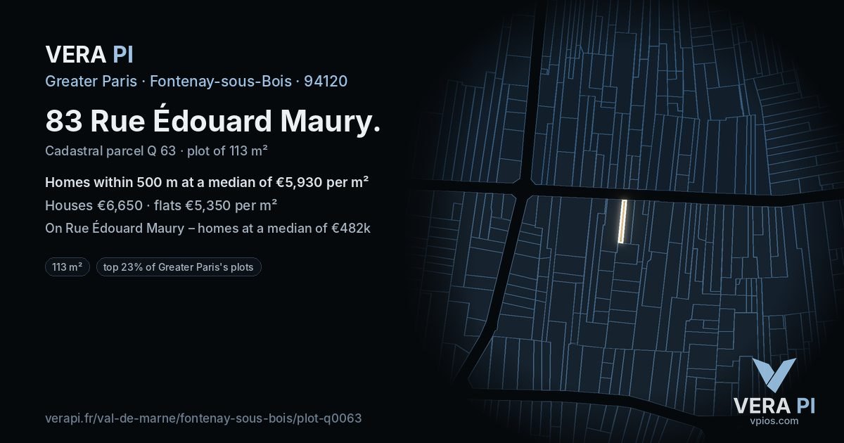 83 Rue Édouard Maury, Fontenay-sous-Bois at night – the plot lit, the parcels around coloured by the prices near them