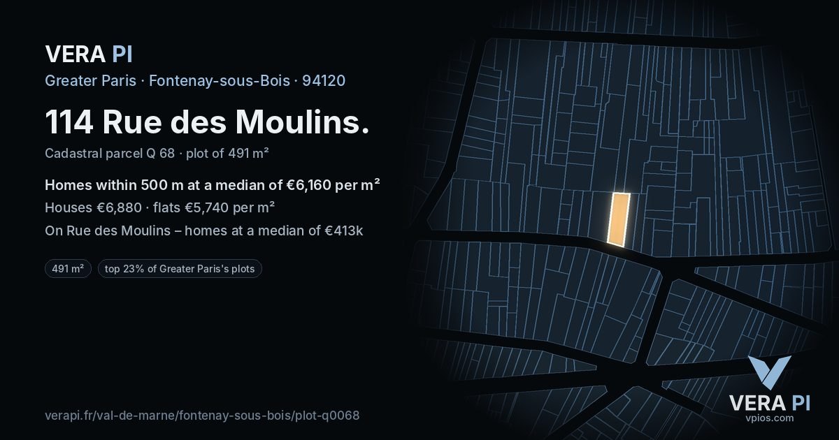 114 Rue des Moulins, Fontenay-sous-Bois at night – the plot lit, the parcels around coloured by the prices near them