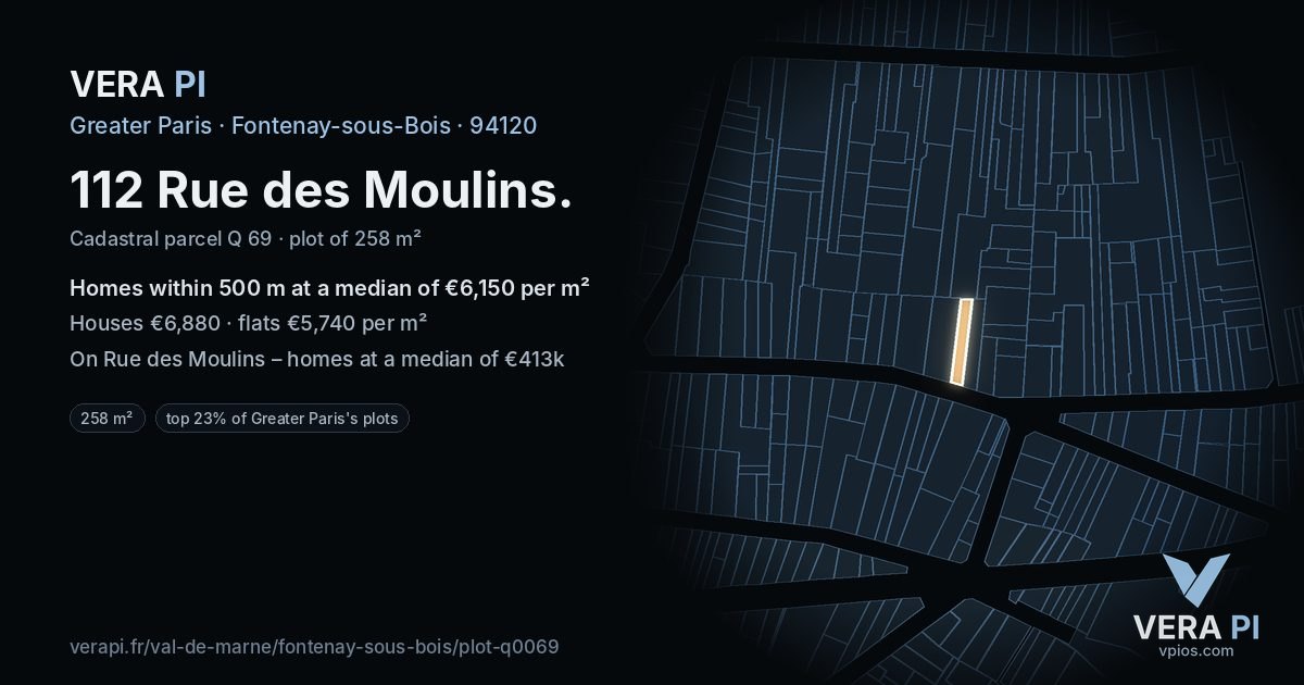112 Rue des Moulins, Fontenay-sous-Bois at night – the plot lit, the parcels around coloured by the prices near them