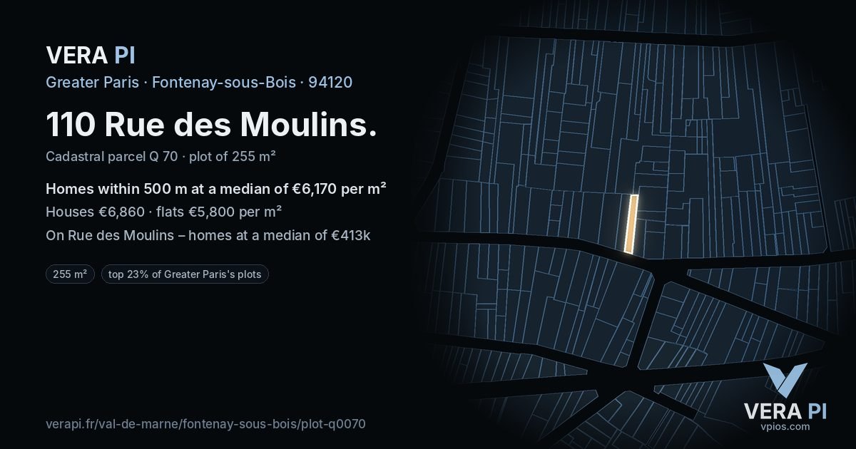 110 Rue des Moulins, Fontenay-sous-Bois at night – the plot lit, the parcels around coloured by the prices near them