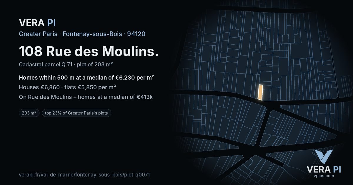 108 Rue des Moulins, Fontenay-sous-Bois at night – the plot lit, the parcels around coloured by the prices near them