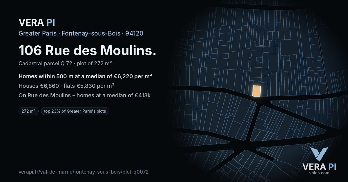 106 Rue des Moulins, Fontenay-sous-Bois at night – the plot lit, the parcels around coloured by the prices near them