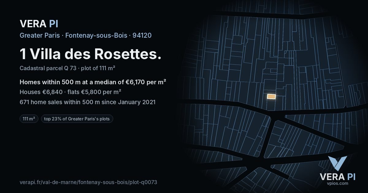 1 Villa des Rosettes, Fontenay-sous-Bois at night – the plot lit, the parcels around coloured by the prices near them