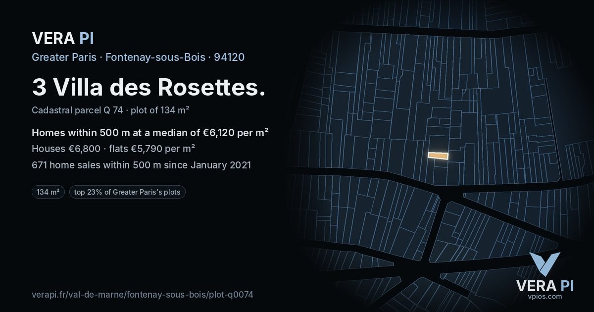 3 Villa des Rosettes, Fontenay-sous-Bois at night – the plot lit, the parcels around coloured by the prices near them