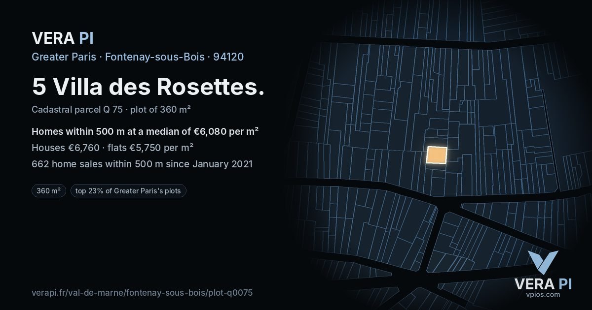 5 Villa des Rosettes, Fontenay-sous-Bois at night – the plot lit, the parcels around coloured by the prices near them