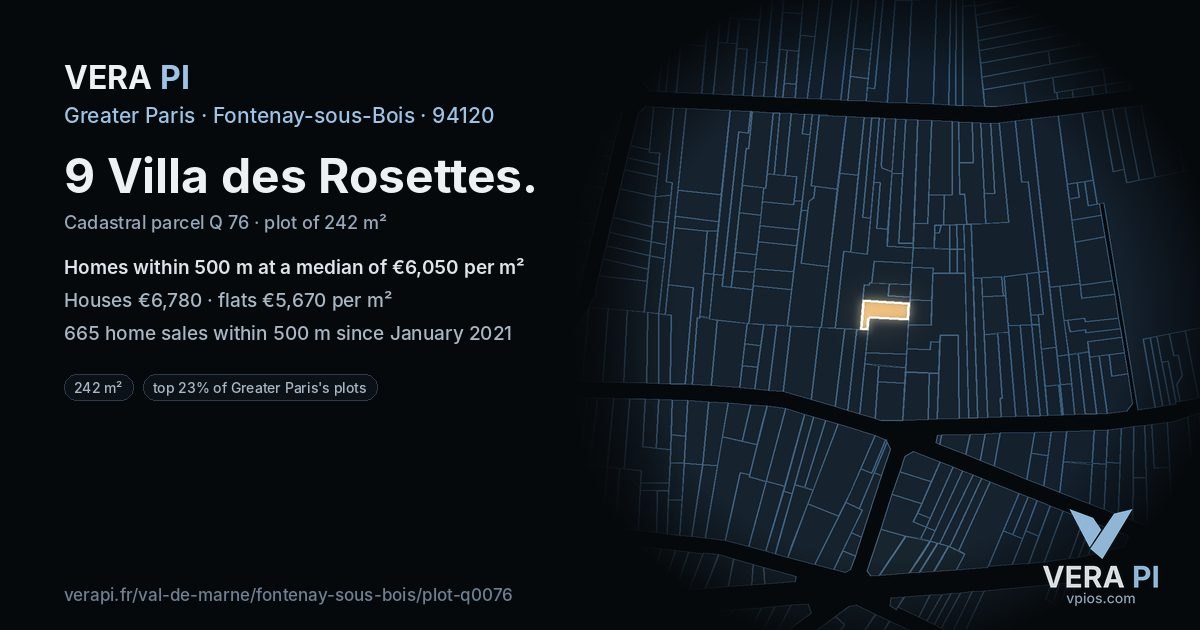9 Villa des Rosettes, Fontenay-sous-Bois at night – the plot lit, the parcels around coloured by the prices near them