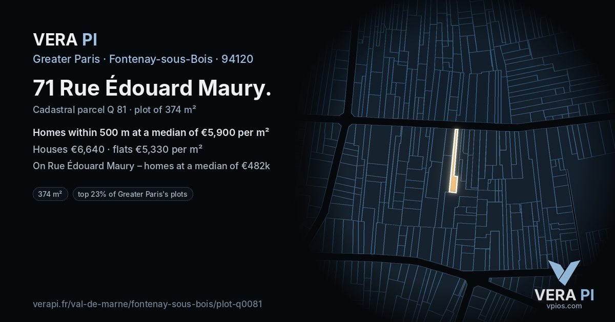 71 Rue Édouard Maury, Fontenay-sous-Bois at night – the plot lit, the parcels around coloured by the prices near them