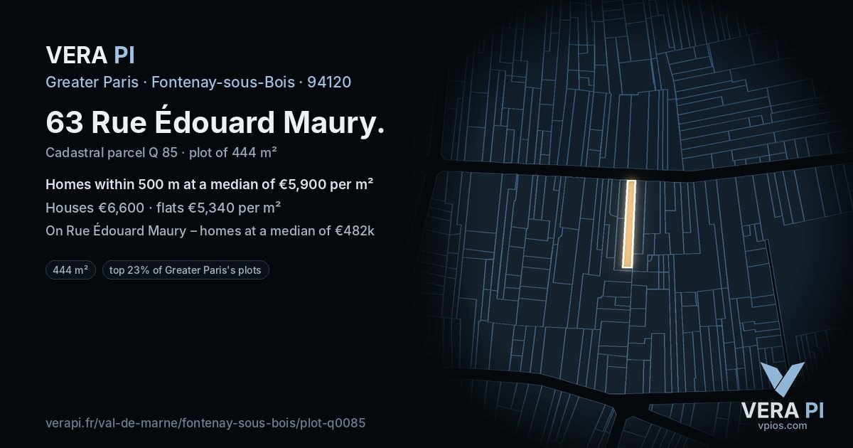 63 Rue Édouard Maury, Fontenay-sous-Bois at night – the plot lit, the parcels around coloured by the prices near them
