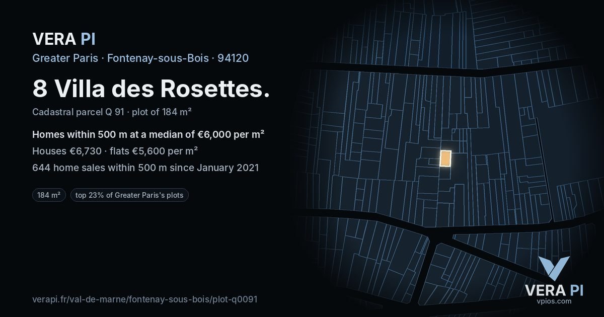 8 Villa des Rosettes, Fontenay-sous-Bois at night – the plot lit, the parcels around coloured by the prices near them