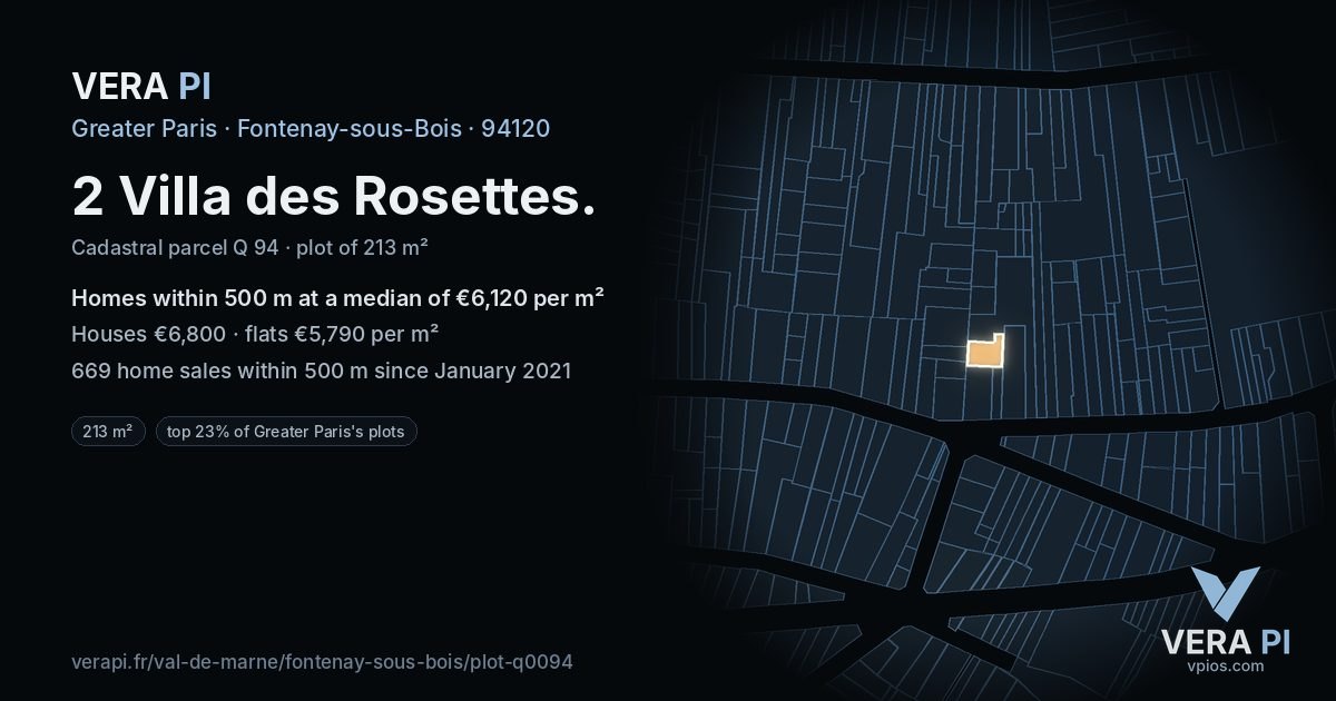 2 Villa des Rosettes, Fontenay-sous-Bois at night – the plot lit, the parcels around coloured by the prices near them