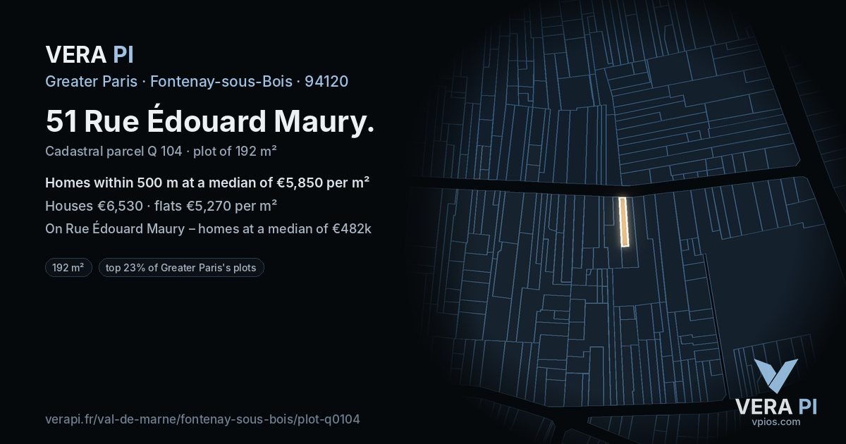 51 Rue Édouard Maury, Fontenay-sous-Bois at night – the plot lit, the parcels around coloured by the prices near them