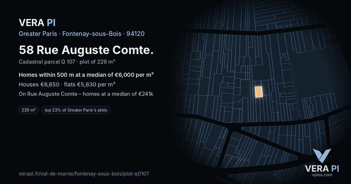 58 Rue Auguste Comte, Fontenay-sous-Bois at night – the plot lit, the parcels around coloured by the prices near them