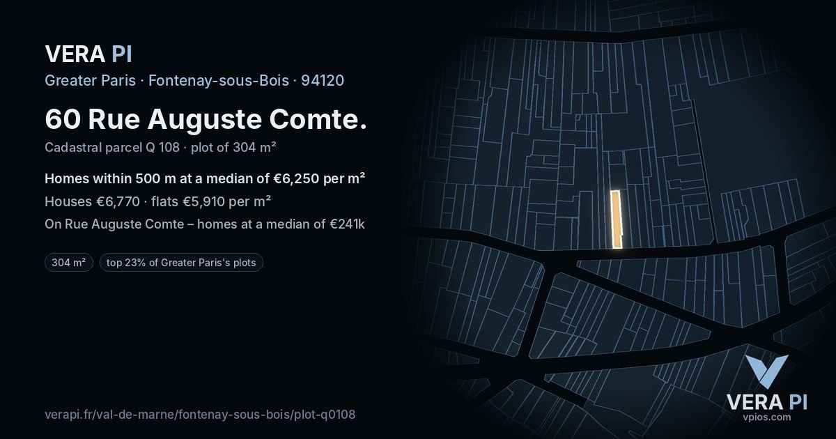 60 Rue Auguste Comte, Fontenay-sous-Bois at night – the plot lit, the parcels around coloured by the prices near them