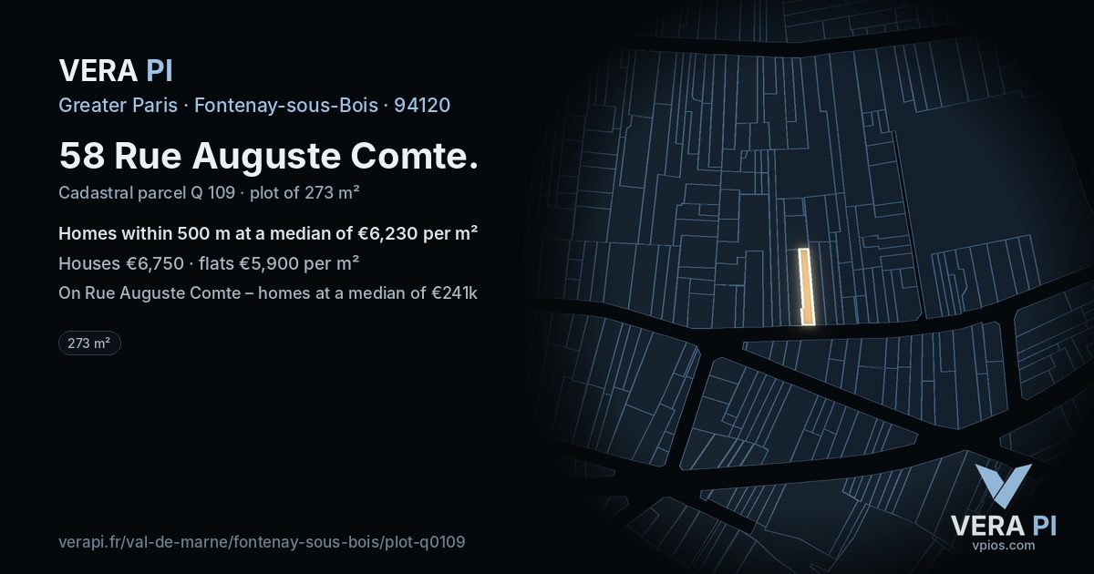 58 Rue Auguste Comte, Fontenay-sous-Bois at night – the plot lit, the parcels around coloured by the prices near them
