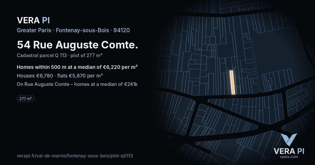 54 Rue Auguste Comte, Fontenay-sous-Bois at night – the plot lit, the parcels around coloured by the prices near them