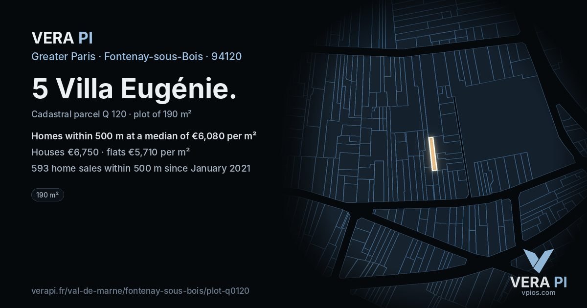 5 Villa Eugénie, Fontenay-sous-Bois at night – the plot lit, the parcels around coloured by the prices near them