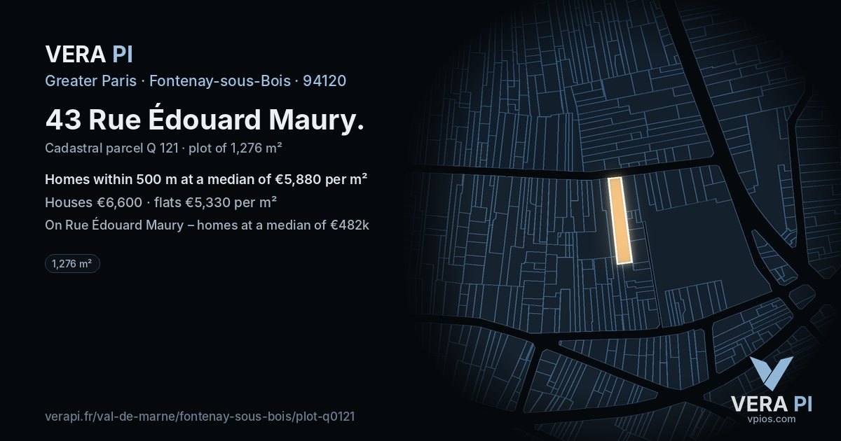43 Rue Édouard Maury, Fontenay-sous-Bois at night – the plot lit, the parcels around coloured by the prices near them