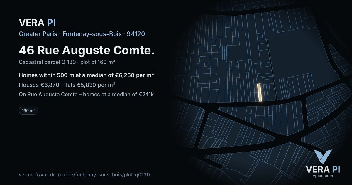 46 Rue Auguste Comte, Fontenay-sous-Bois at night – the plot lit, the parcels around coloured by the prices near them