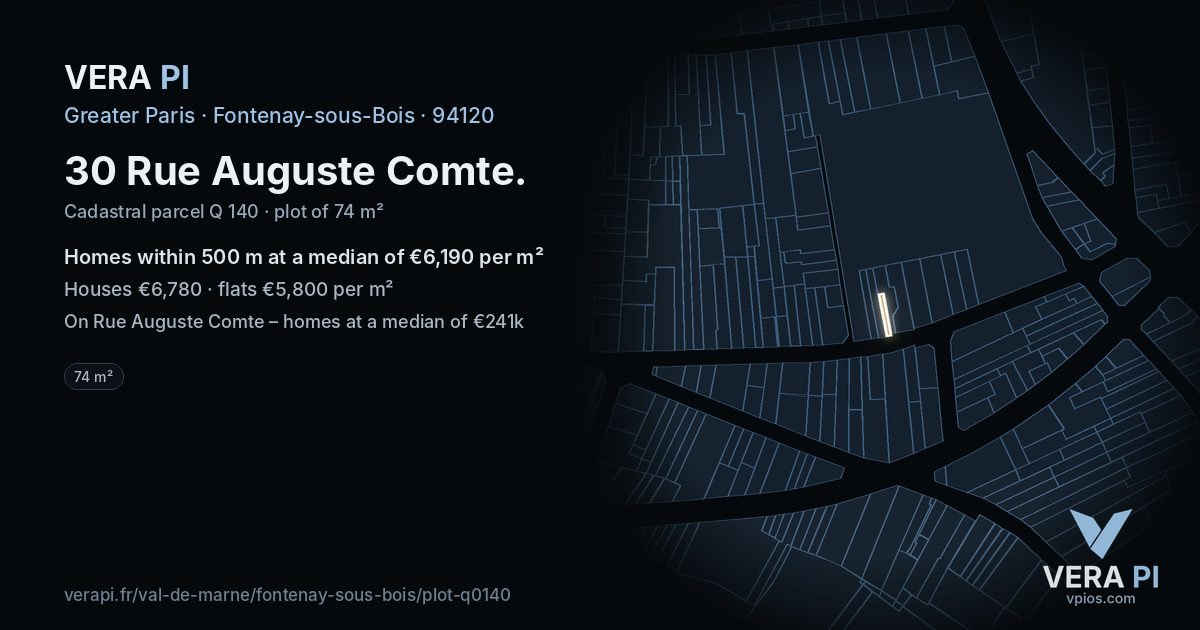 30 Rue Auguste Comte, Fontenay-sous-Bois at night – the plot lit, the parcels around coloured by the prices near them
