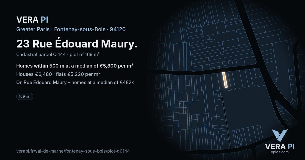 23 Rue Édouard Maury, Fontenay-sous-Bois at night – the plot lit, the parcels around coloured by the prices near them