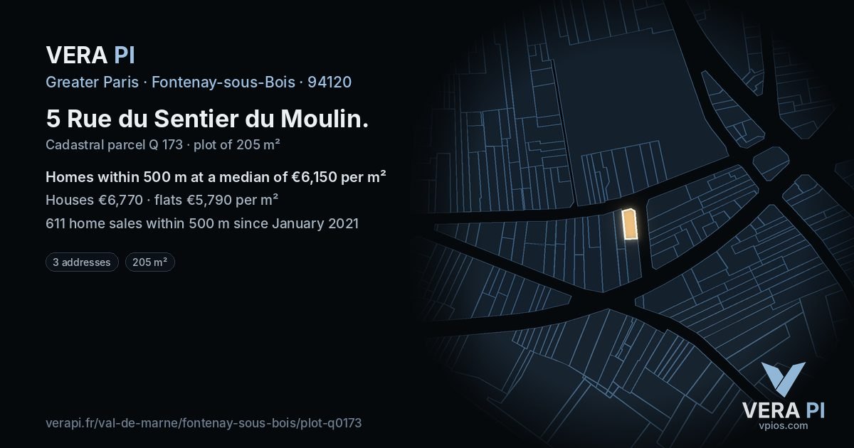 5 Rue du Sentier du Moulin, Fontenay-sous-Bois at night – the plot lit, the parcels around coloured by the prices near them