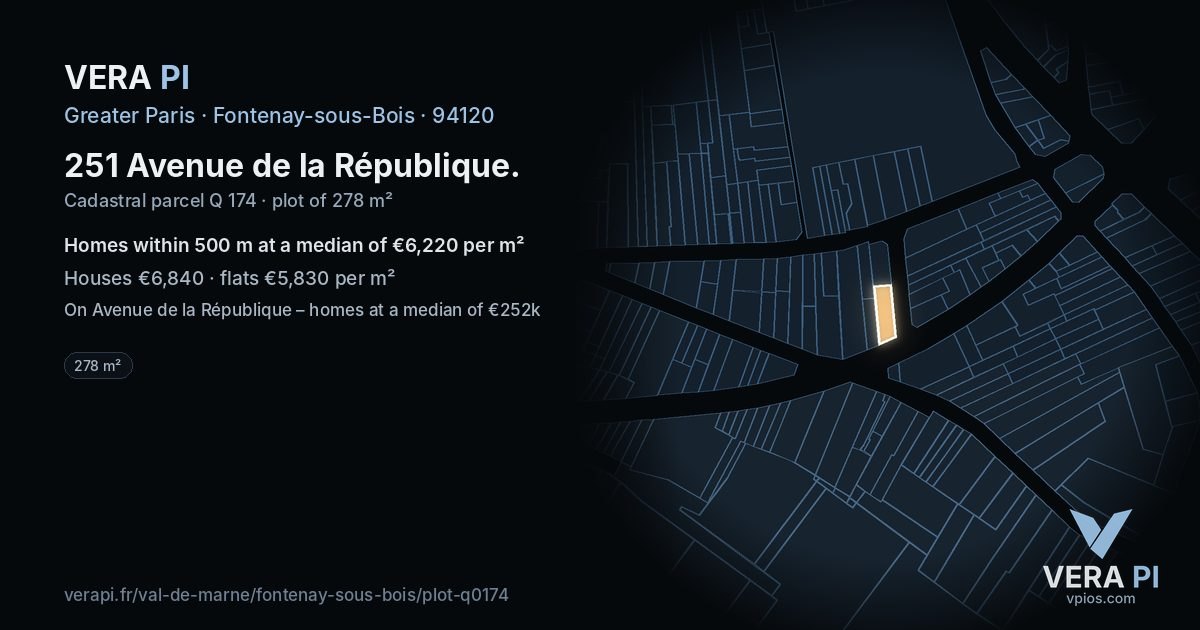 251 Avenue de la République, Fontenay-sous-Bois at night – the plot lit, the parcels around coloured by the prices near them