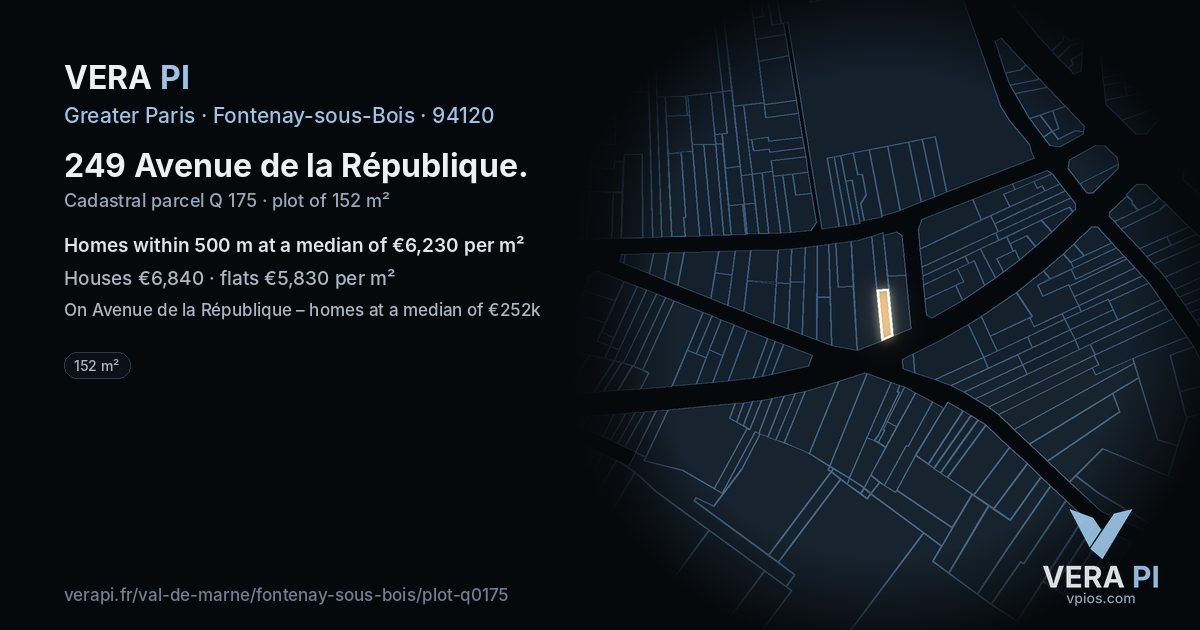 249 Avenue de la République, Fontenay-sous-Bois at night – the plot lit, the parcels around coloured by the prices near them