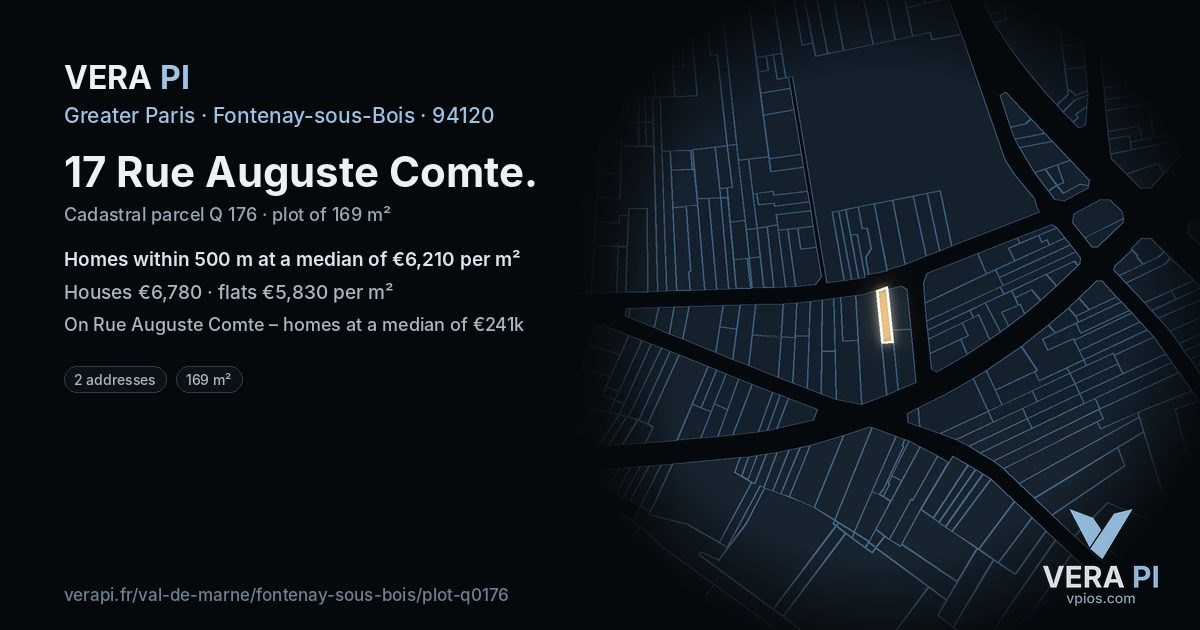 17 Rue Auguste Comte, Fontenay-sous-Bois at night – the plot lit, the parcels around coloured by the prices near them