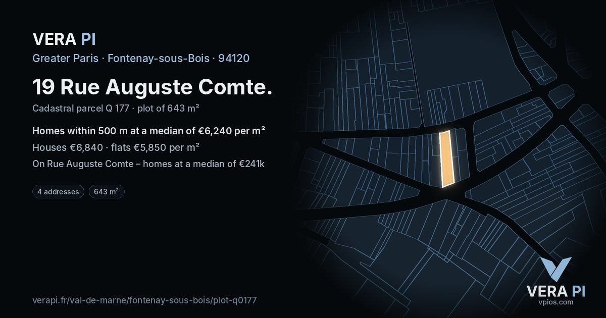 19 Rue Auguste Comte, Fontenay-sous-Bois at night – the plot lit, the parcels around coloured by the prices near them