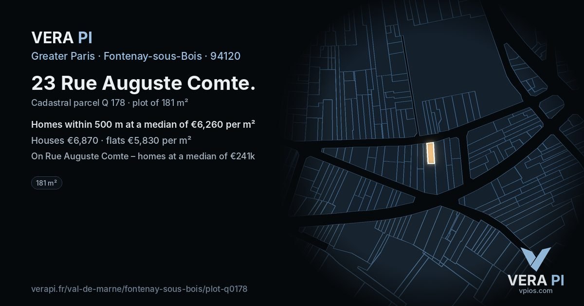 23 Rue Auguste Comte, Fontenay-sous-Bois at night – the plot lit, the parcels around coloured by the prices near them