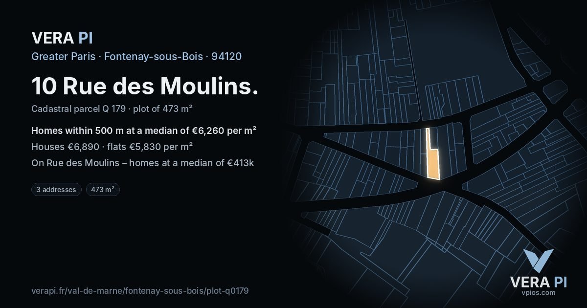 10 Rue des Moulins, Fontenay-sous-Bois at night – the plot lit, the parcels around coloured by the prices near them