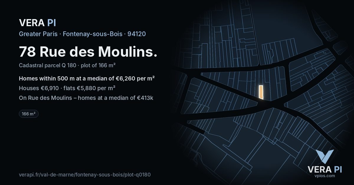 78 Rue des Moulins, Fontenay-sous-Bois at night – the plot lit, the parcels around coloured by the prices near them