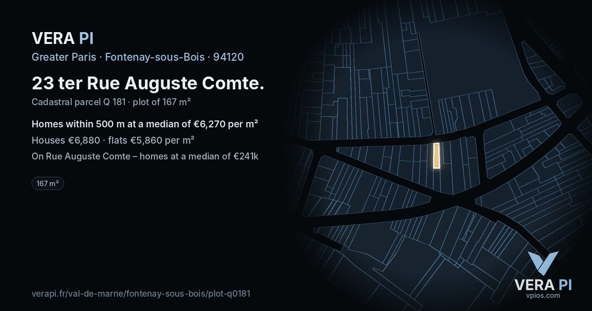 23 ter Rue Auguste Comte, Fontenay-sous-Bois at night – the plot lit, the parcels around coloured by the prices near them