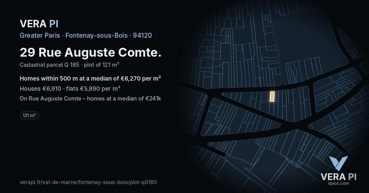 29 Rue Auguste Comte, Fontenay-sous-Bois at night – the plot lit, the parcels around coloured by the prices near them