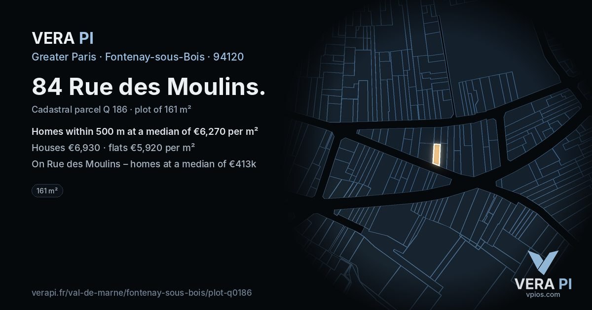 84 Rue des Moulins, Fontenay-sous-Bois at night – the plot lit, the parcels around coloured by the prices near them