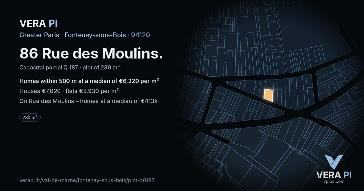 86 Rue des Moulins, Fontenay-sous-Bois at night – the plot lit, the parcels around coloured by the prices near them