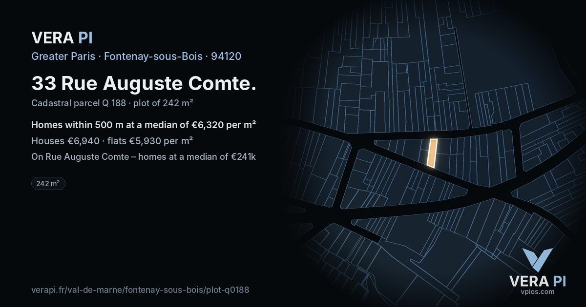 33 Rue Auguste Comte, Fontenay-sous-Bois at night – the plot lit, the parcels around coloured by the prices near them