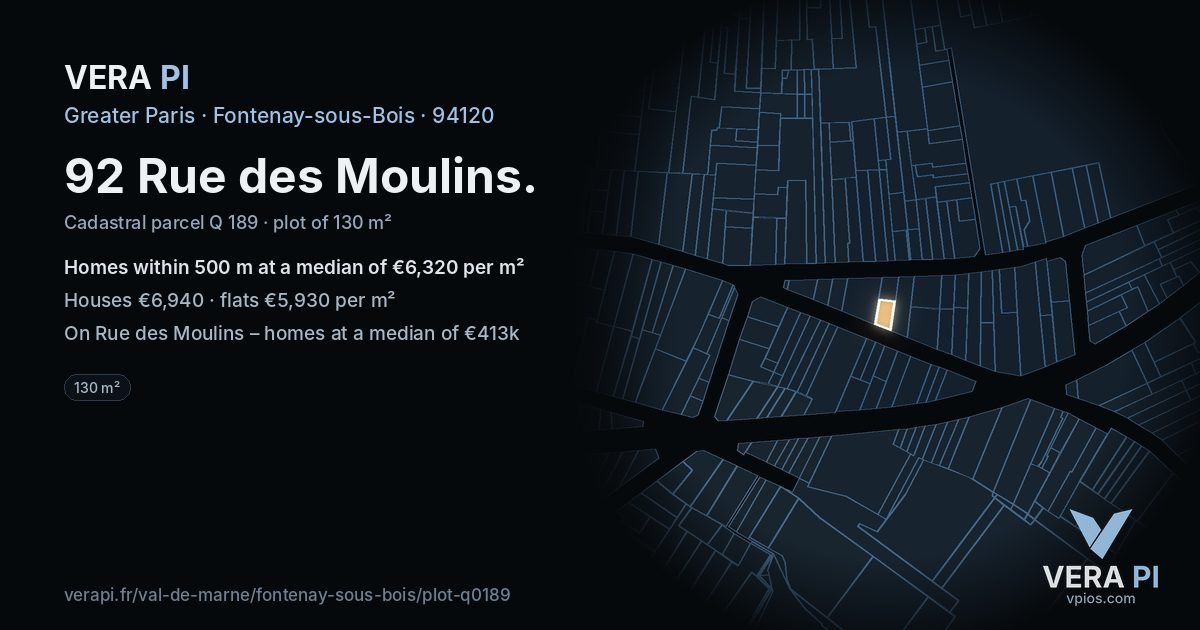 92 Rue des Moulins, Fontenay-sous-Bois at night – the plot lit, the parcels around coloured by the prices near them
