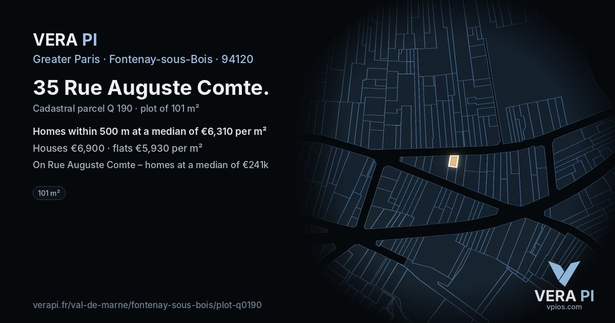35 Rue Auguste Comte, Fontenay-sous-Bois at night – the plot lit, the parcels around coloured by the prices near them